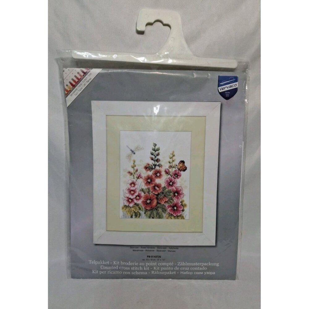 Vervaco Cross stitch Kit "Hollyhocks", 6"x7.6", #0143725, Flowers with Butterfly